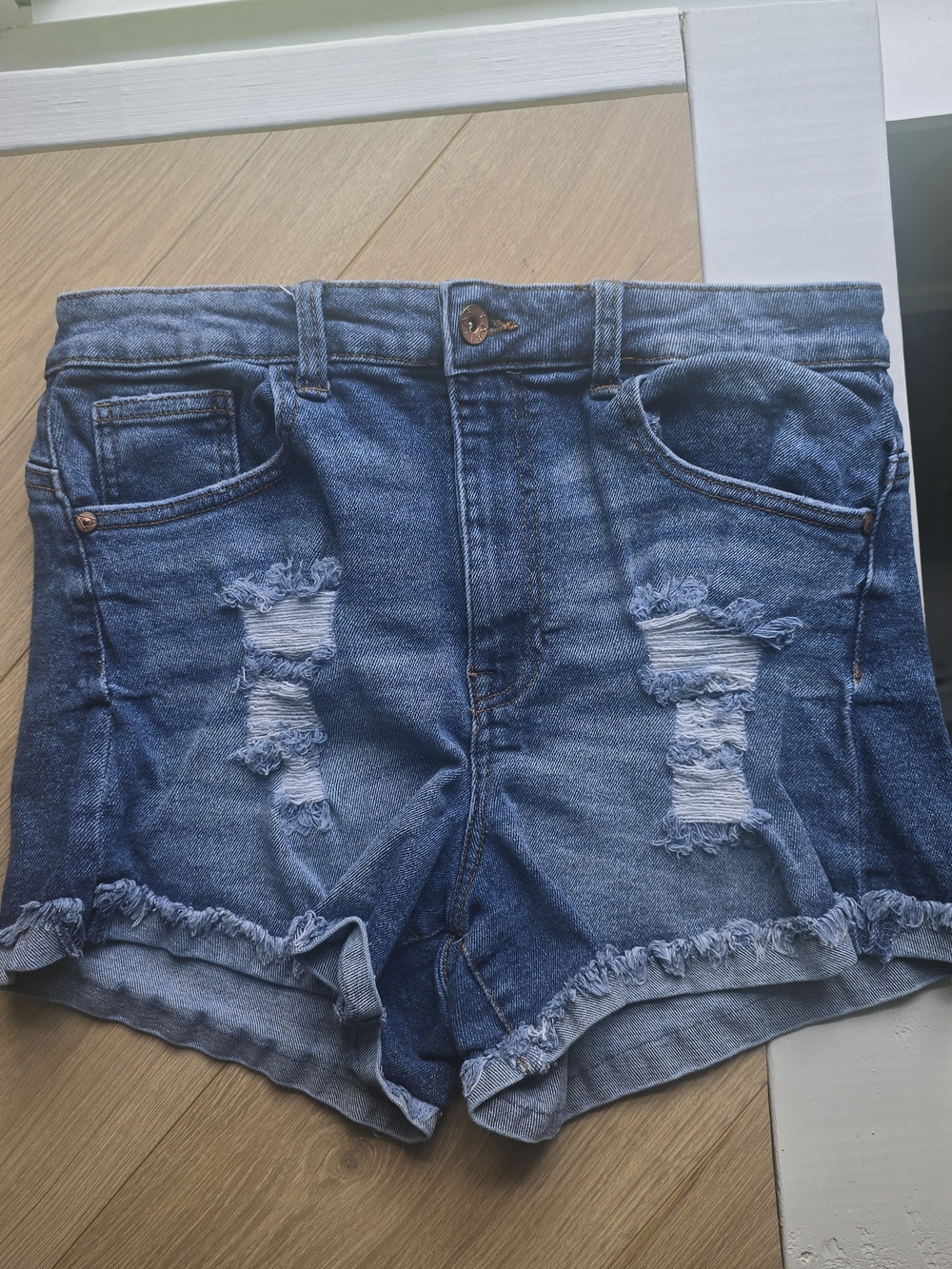 Ariya Distressed High-Waist Denim Shorts - Blue